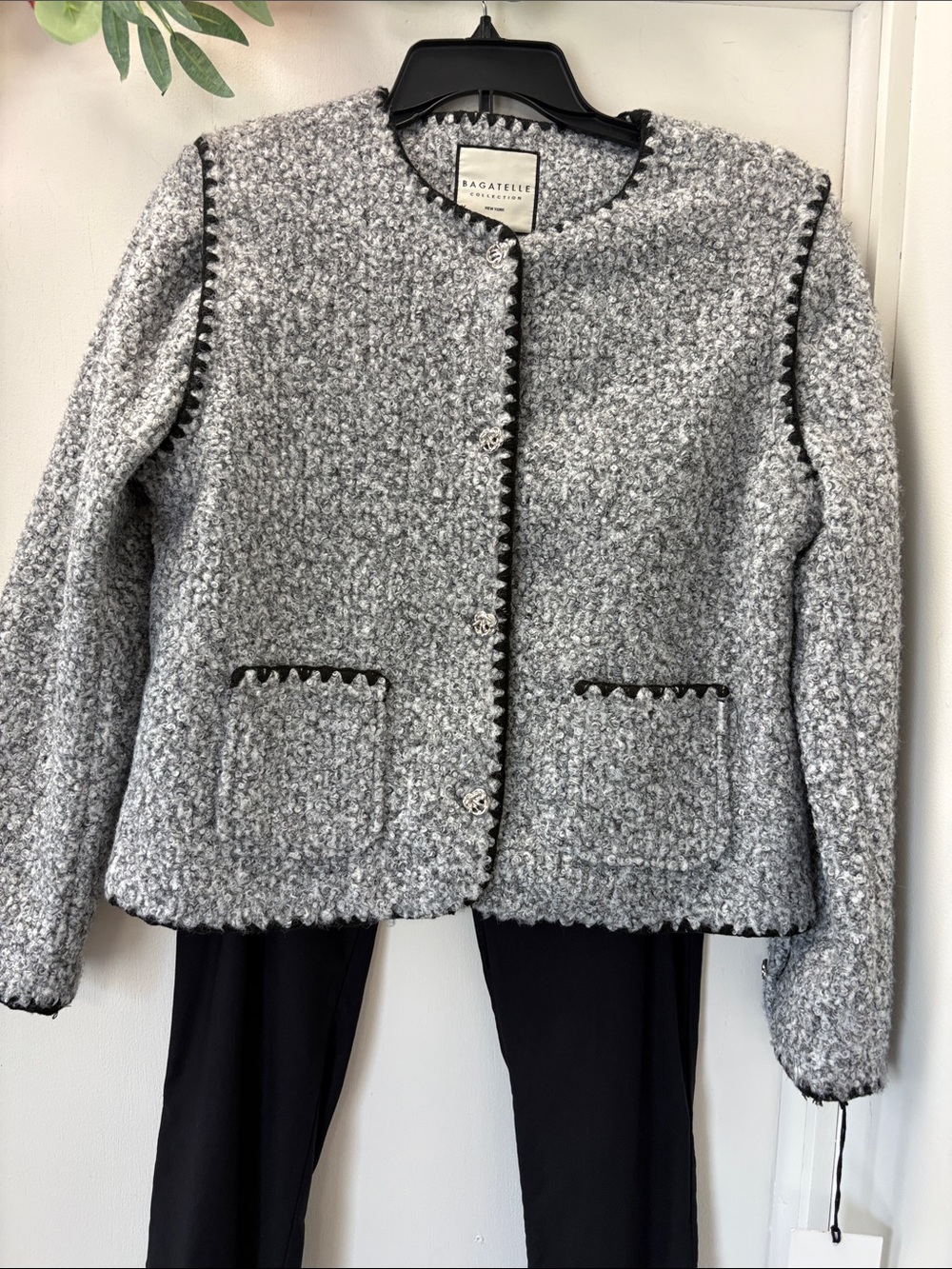 bagatelle Gray Bouclé Round-Neck Trimmed Jacket-NWT